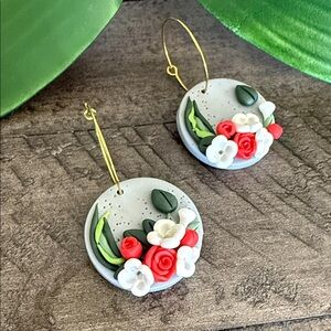 Handmade Polymer Clay Floral Hoop Earrings with Red and White Flowers